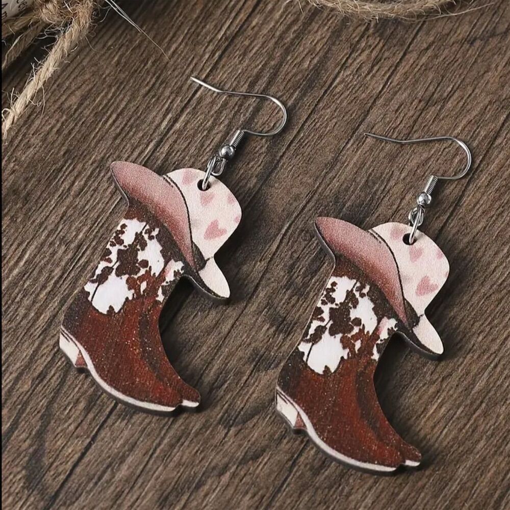 Western Cowboy Wood Boot Dangle Earrings Cow Rodeo Festive Cowgirl Gift